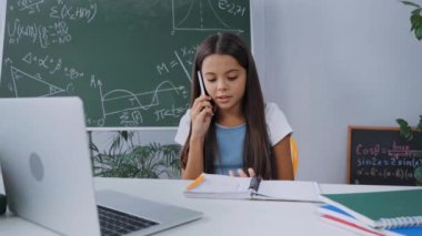 Bilgisayar başında akıllı telefondan konuşan okul çocuğu ve masanın üstünde not defterleri.