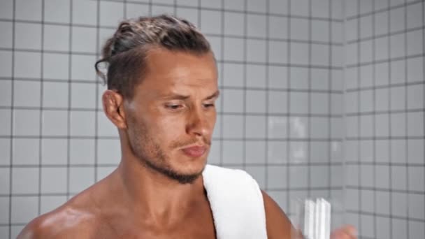 Man Towel Gargling Throat Water Bathroom — Stock Video