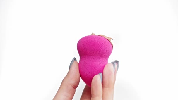 Cropped View Woman Holding Beauty Blender Foundation Isolated White — Stock Video