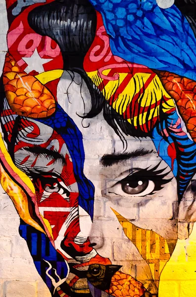 Kiev, Ukrayna - 10 Haziran 2019. Warhol bar. Tuğla duvardaki kızın yüzü. Modern Sanat. Güzel kadın portresi. Soyut moda illüstrasyon. Bir iç mekan için orijinal parlak sanat