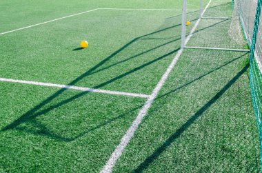 Suni çim, beyaz çizgiler ve güneşli bir günde futbol gol. Çimenler üzerinde sarı toplar