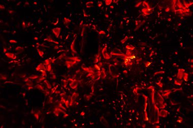 Aktif olarak yanan ateş közleri. Yanan kömürlerin arka planı. Geceleri yanan kömürlerin titreşimi