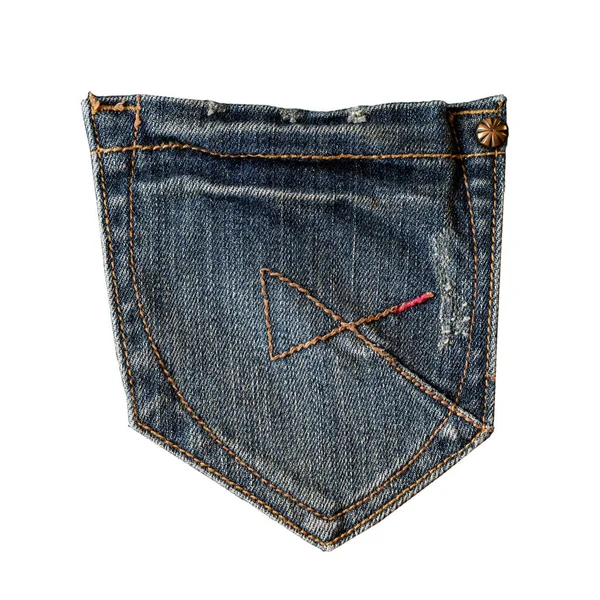 白い背景に隔離された青の着用ジーンズのバックポケット デニムファッションのコンセプト ポケットデザインの閉鎖 — ストック写真
