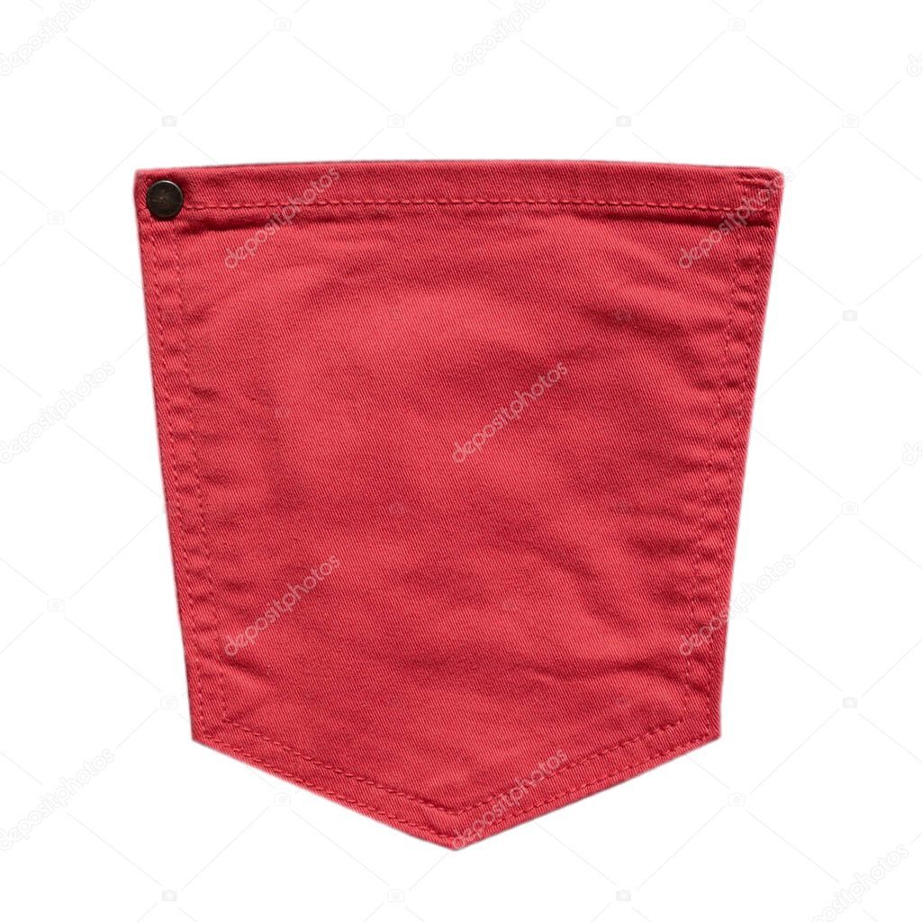 Pink jeans back pocket isolated on white background. Denim fashion, pocket design. Closeup
