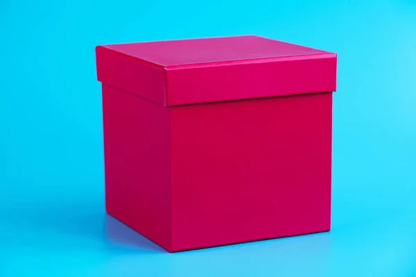 Pink Gift Box Blue Background Holidays Concept Closeup Mockup — Stock Photo, Image