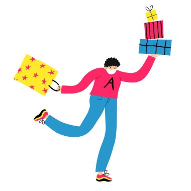 Yüzü maskeli, hediye kutuları ve elinde çanta olan bir gencin düz çizimi. Beyaz erkek, acelesi var. İndirim ve satış duyurusu. Zevkle alışveriş. Stok vektör illüstrasyonu.