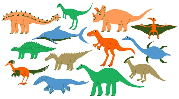 Farklı türde dinozorlardan oluşan büyük bir koleksiyon. Kara, deniz, uçan dinozor. Nesli tükenmiş şirin sürüngenler, kertenkeleler. Eğlenceli renkli bir tasarım. Düz çizim. Moda stok vektörü illüstrasyonu.