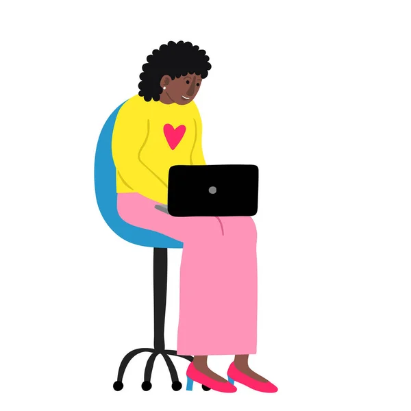 Mladá Africká Žena Sedí Křesle Laptopem Afro Žena Vzrušující Úsměv — Stockový vektor