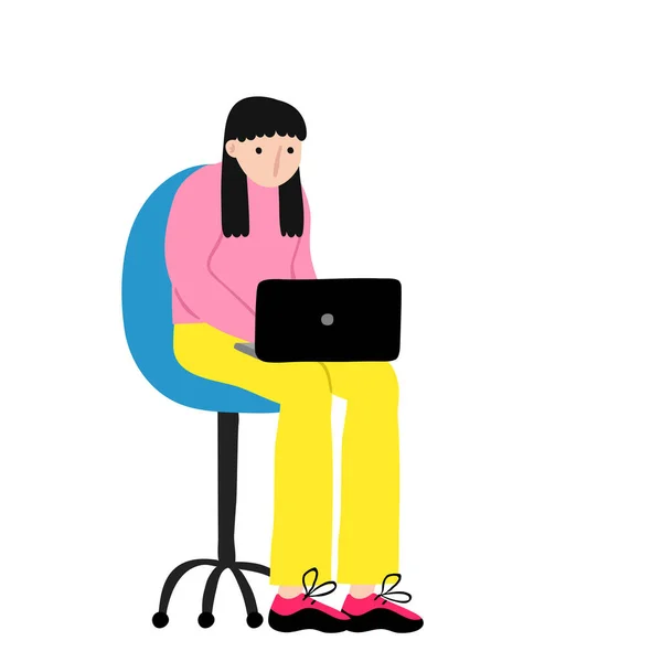 Mladá Běloška Sedí Křesle Laptopem Žena Neformálním Oblečení Izolovaný Bílém — Stockový vektor