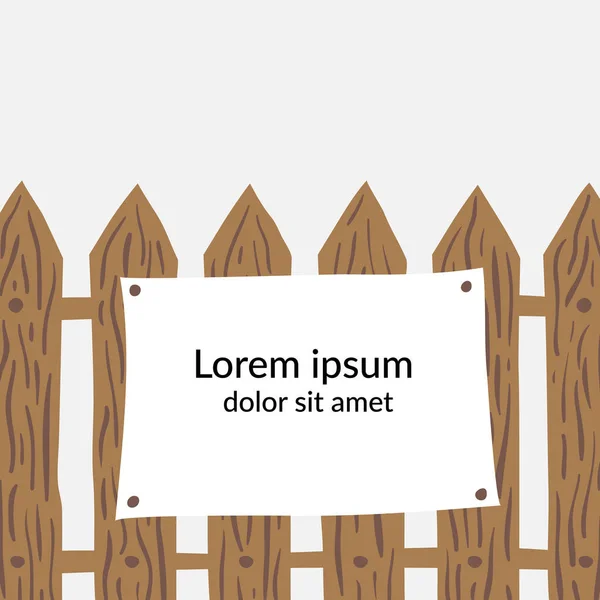 Tahta çitlere asılı metin için fotokopi alanı olan bir kağıt parçası. Sokak reklamı konsepti. Duyuru işareti için elle çizilmiş tasarım. Stok vektör illüstrasyonu.