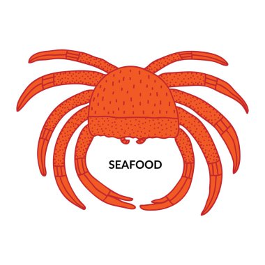 Deniz ürünleri tabelası. Deniz yaşamı yiyeceği. Kırmızı renkli yengeç çizimi. Beyaz arka planda izole edilmiş. Menü, çıkartma ve afiş için eğlenceli yaratıcı tasarım. Taslak Stok vektör çizimi. El çizimi poster.