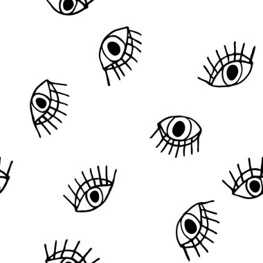 Gözler açık, modaya uygun, kusursuz bir model. Kirpikleri ve göz bebekleri. Siyah beyaz arka plan tasarımı. Tekstil ve kumaş için dijital kağıt şablonu. Karalama çizimi. Elle çizilmiş stok vektör illüstrasyonu