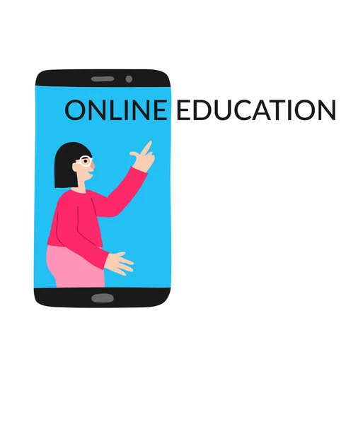 Çevrimiçi eğitim kavramı. Cep telefonu ekranında gözlüklü beyaz kadın. Beyazda izole edilmiş. Uzak bir okul. Öğretmen açıklama yapıyor. Düz çizim. Stok vektör illüstrasyonu.