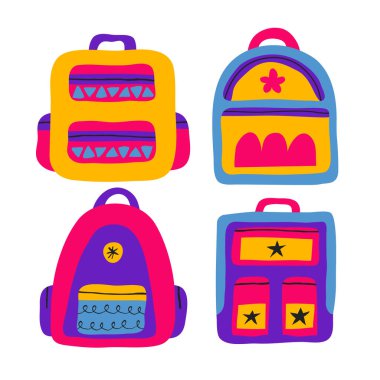 Beyaz arka planda izole edilmiş renkli sırt çantaları koleksiyonu. Okul malzemeleri düz bir şekilde çiziliyor. Eğlenceli okul çantası tasarımı. Stok vektör illüstrasyonu.