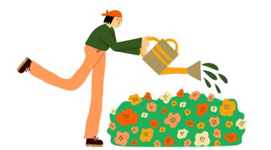 Bahçede çalışan beyaz bir kadın. Günlük giysiler içinde kadın bahçıvan sulama kabıyla çiçekleri suluyor. Beyazda izole edilmiş. Bahçe işleri konsepti. Eğlenceli düz çizim. Stok vektör illüstrasyonu.