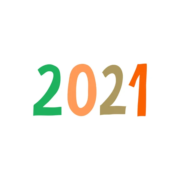 2021 işareti. Beyaz arkaplanda elle çizilmiş çok renkli sayılar var. Mutlu yeni yıl etkinlikleri mektupları. Poster, afiş ve kart için yaratıcı tasarım. Moda stok vektörü illüstrasyonu.