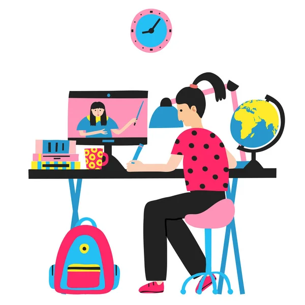Beyaz kız ders çalışıyor. İnternet eğitimi. Kadın öğretmen bilgisayar monitöründe. Canlı yayın. Online okul. E-öğrenme konsepti. Uzaktan öğrenme. Düz çizim. Stok vektör illüstrasyonu