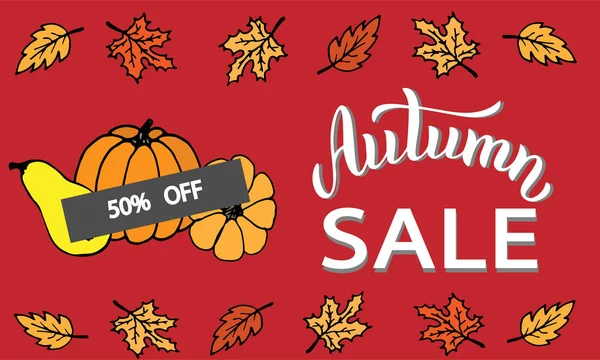 Bannière de promotion de vente d'automne avec citrouilles et feuilles. Rabais — Image vectorielle