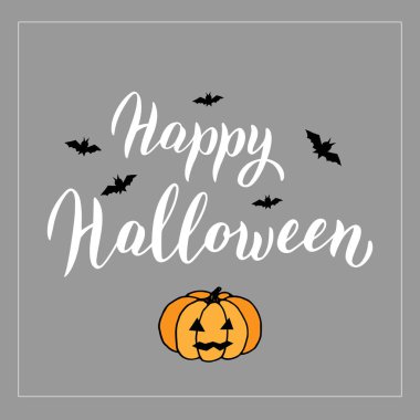 Korkunç balkabağı ve yarasalar ile Mutlu Halloween tebrik kartı. Cadılar Bayramı metni