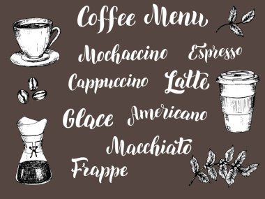 Kahve menüsü harfleri seti. Kahveci tipler siyah beyaz çizimler çiziyor. Restoran tipografik klasik şablonu. Vektör 10.