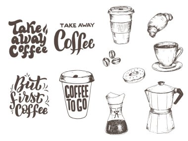 Kahve harfleri çizimi seti. Kafe içi ya da mutfak yazı tipi afişi şablonu. Restoran tipografik tasarımı. El yazısıyla yazılmış, münferit alıntılar. Vektör 10.