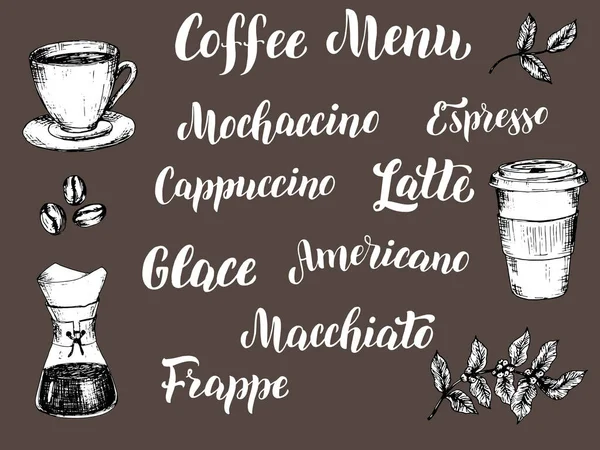 Menu Café Conjunto Letras Tipos Café Texto Com Esboço Ilustrações — Vetor de Stock