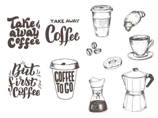 Coffee Lettering Illustrations Set Cafe Interior Kitchen Font Banner Template — Stock Vector