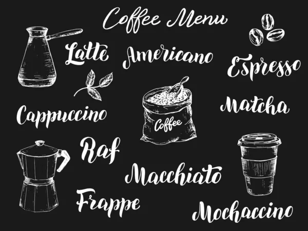 Coffee Menu Lettering Set Coffee Types Font Sketch Chalk Illustrations — Stock Vector