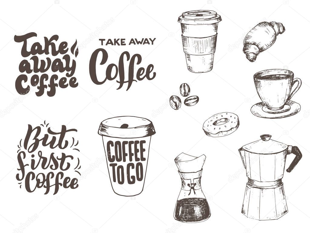 Coffee lettering illustrations set. Cafe interior or kitchen font banner template. Restaurant typographic design. Coffee handwritten isolated phrase quotes. Vector eps 10.