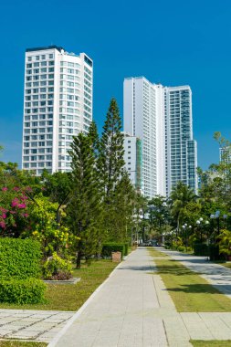 Arka planda gökdelen ile tropikal ağaçlar ile parkta Kaldırım