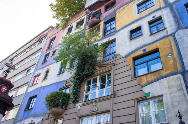 Crescente albero dal muro colorato della famosa casa a Vienna in autunno — Foto Stock