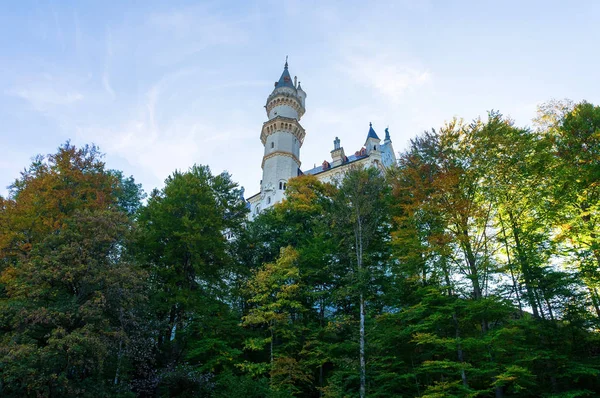 Alpler'de güneş ışınları ile berrak bir gökyüzüne karşı sonbahar ağaçları üzerinde Uzun Neuschwanstein kale