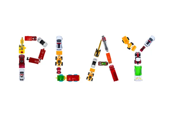 Das Wort Spiel Von Spielzeugautos Isoliert Auf Weißem Hintergrund Spiele — Stockfoto