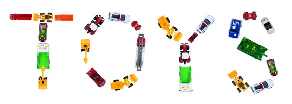 Das Wort Spielzeug Von Spielzeugautos Isoliert Auf Weißem Hintergrund Spiele — Stockfoto