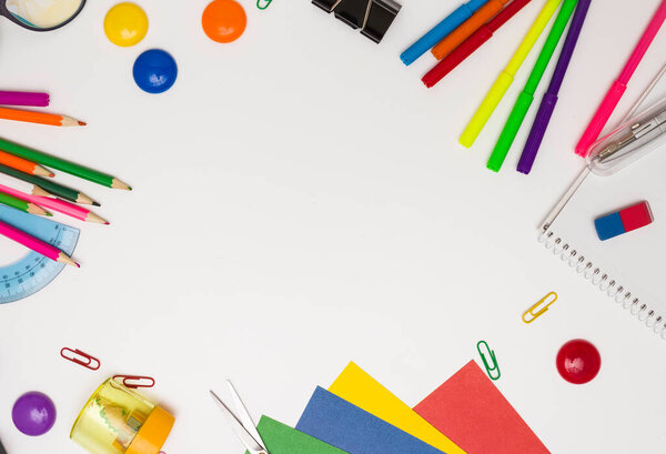 School mockup. Office supplies on a white background, free space for text.