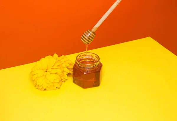 Пчелиный Мед Капает Деревянной Лопатки Стеклянную Банку Цветок Желто Красный — стоковое фото