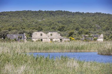 Patara (Pttra). Eski Lycian şehri Patara 'nın kalıntıları. Amfi-tiyatro ve Lycia Halk Meclisi. Patara, Lycia Ligi 'nin başkentindeydi. Hava görüntüsü çekimi. Antalya, Turka.