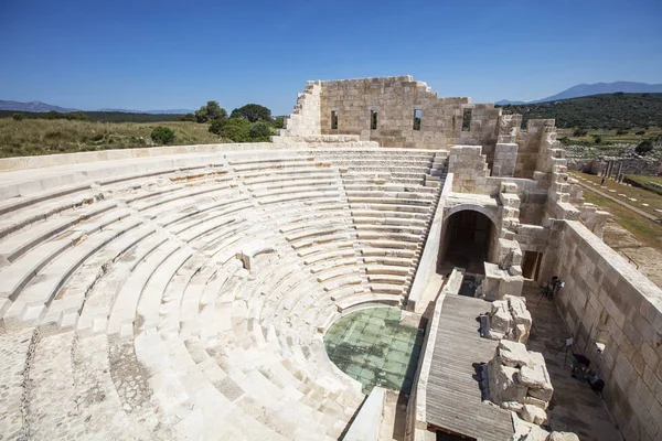 Patara (Pttra). Ruins of the ancient Lycian city Patara. Amphi-theatre and the assembly hall of Lycia public. Patara was at the Lycia (Lycian) League\'s capital. Aerial view shooting. Antalya, TURKEY