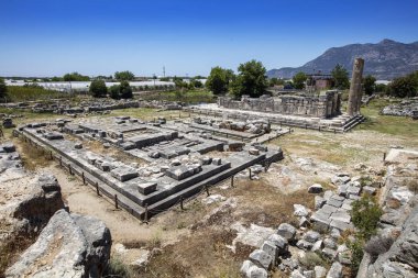 Letoon (Letoum) antik kenti. Likya yolu, Kaş, Antalya/Türkiye'de Xanthos Antik Kenti yakınlarındaki Letoon Antik Kenti sütunları.