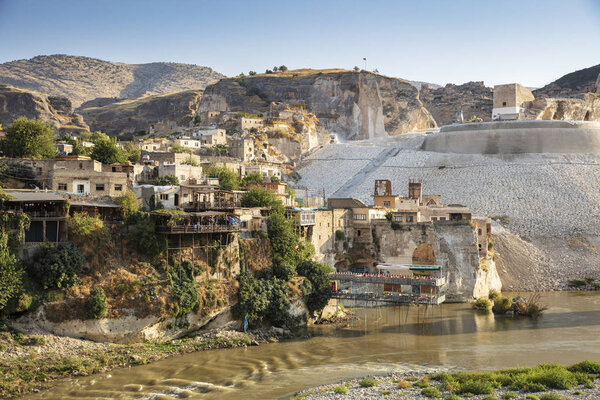 Panoramic view of the Old Tigris Bridge, Castle and minaret in the city of Hasankeyf, Turkey. Batman, Mardin Province