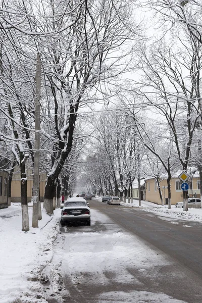 Szép Téli Képek Városban Autók Parkolnak Sciusev Street Kisinyovban — Stock Fotó