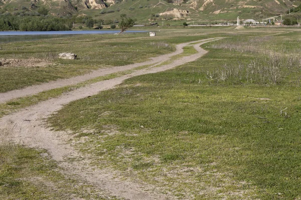 Summer Beautiful Landscape Road Located Foreground Row Hills Village Located — Stock Photo, Image