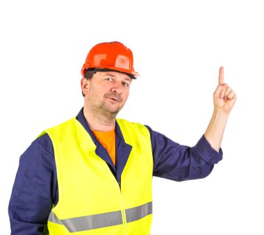 Erkek model özel giysilerle işçiler için giyinmiş. Beyaz bir arka planda izole.