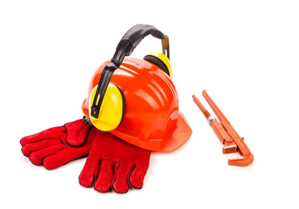 Detail Sada Ochranných Předmětů Nástrojů Pro Pracovníky Izolován Bílém Pozadí — Stock fotografie