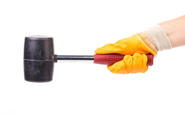 Primer Plano Una Mano Guante Sostener Martillo Está Aislado Fondo —  Fotos de Stock