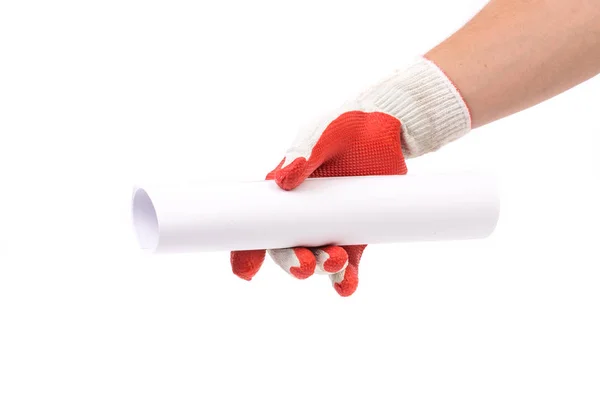 Hand Gray Glove Holding Paper Roll Isolated White Background — Stock Photo, Image