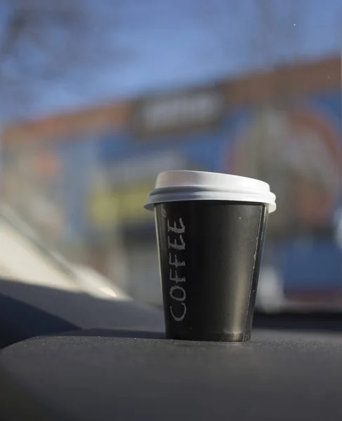 Cup Coffee Located Car Console Background Blurred — Stock Photo, Image