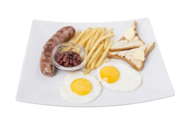 Desayuno Con Salchichas Papas Fritas Está Aislado Fondo Blanco —  Fotos de Stock