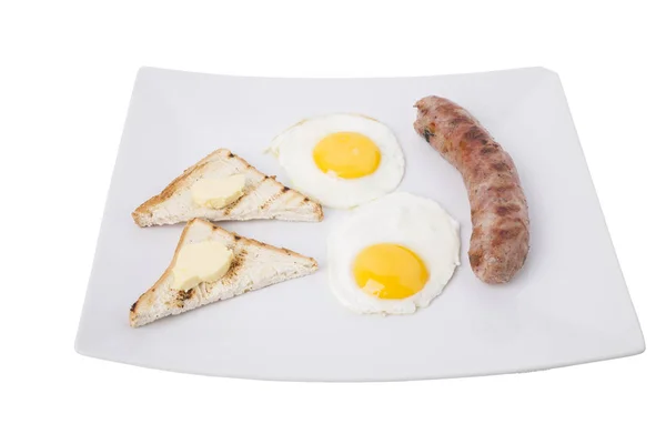 Breakfast Sausage Fried Eggs Isolated White Background — Stock Photo, Image