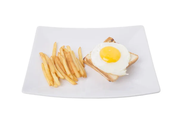 Sandwich Mit Schinken Und Käse Und Pommes Frites Ist Isoliert — Stockfoto